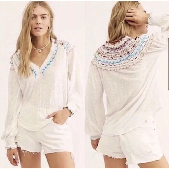 FREE PEOPLE Womens Top Size XS Siesta Fiesta Coral Orange Crocheted Embroidered - Picture 7 of 7